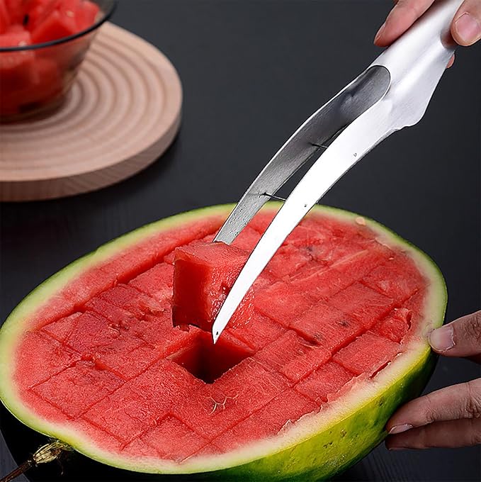 Watermelon Cutter Slicer with 2 Pieces Forks, Stainless Steel Watermelon Cube Cutter Watermelon Knife, Melon Slicer, Cube Cutters Fruit Vegetable Knives Salad Melon Baller for Kitchen Gadget
