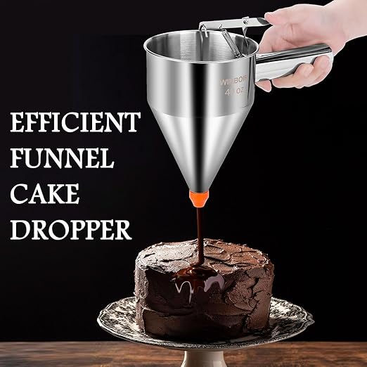 Stainless Steel Pancake Batter Dispenser with Squeeze Handle and Multi-Nozzle, for Pancakes, Cupcakes, and Baked Goods. 20 oz