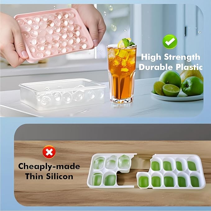 2 Pack Ice Cube Tray with Lid and Bin,Round Ice Cube Trays for Freezer, BPA-Free Circle Mini Ice Maker for Whiskey Cocktail Soda,Home & Bar Use