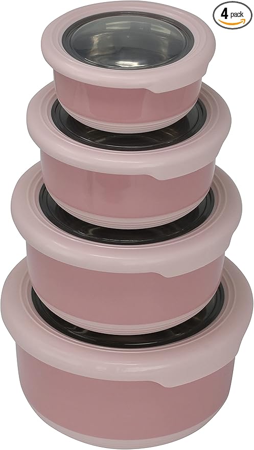 MIRA Stainless Steel Food Storage Set - 4 Anti-Slip Containers for Meal Prep - Multi-Size Pack (1, 2, 3, 5 Cups), Dusty Pink
