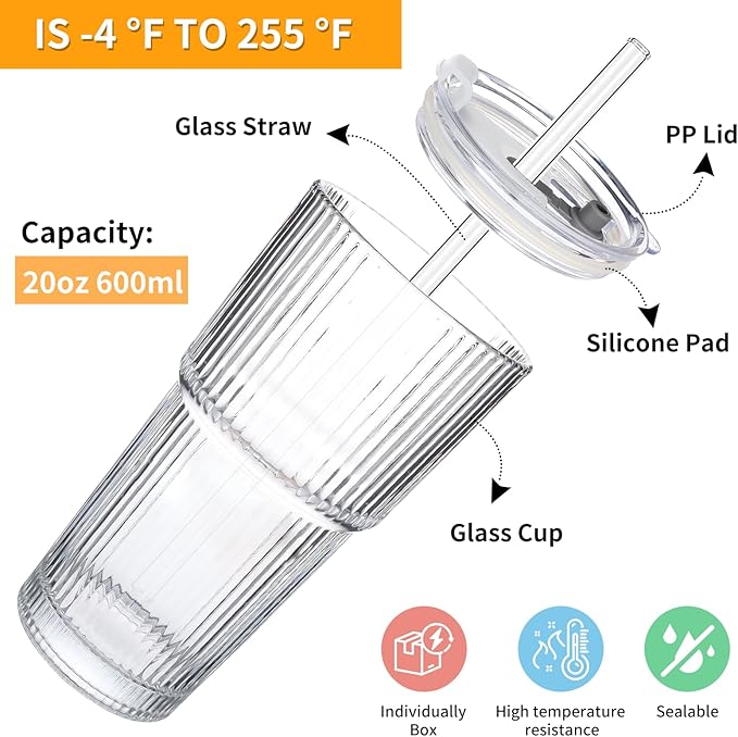 Glass Cups with Lids and Straws – 20oz Glass Tumbler with Straw and Lid, Reusable Iced Coffee Cup, Smoothie & Tea Glass, Ideal for Home, Office, Travel, 1 Pack