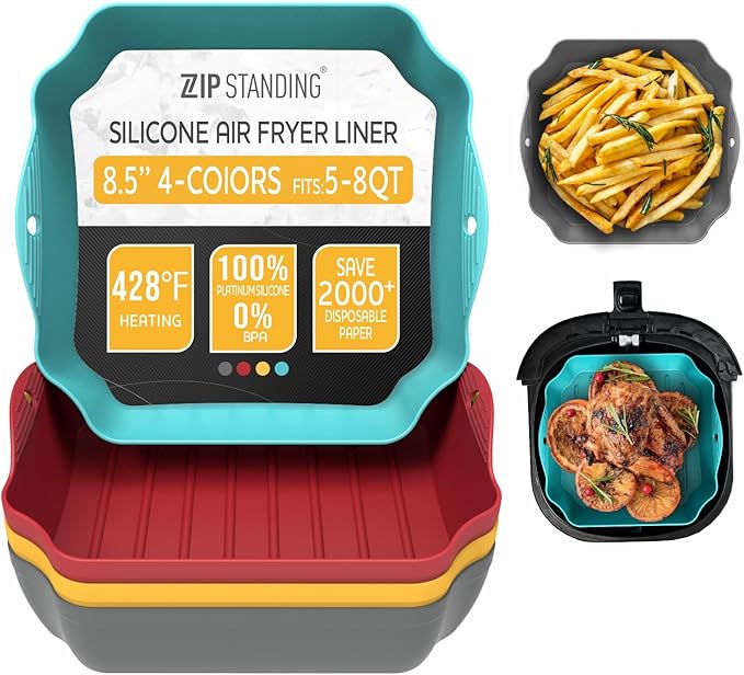 ZIP STANDING Silicone Air Fryer Liners Set OF 4, for 5-8QT Tray Baking Oven, 8.5” Reusable Square with Handles & Holes, Inserts, Accessories