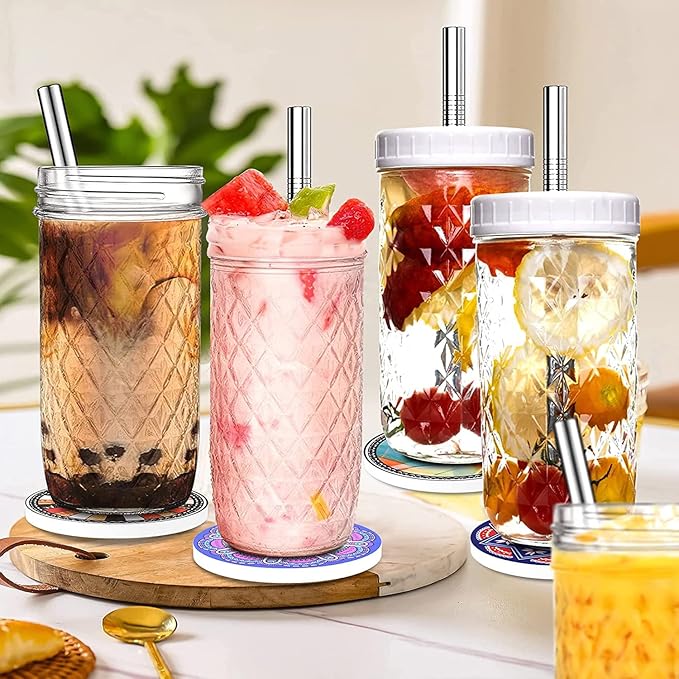 2 Pcs 24oz Glass Cups Set, Mason Jar Drinking Glasses with Lids and Straws & 2 Airtight Lids, Cute Reusable Smoothie cups, Iced Coffee Cups, Travel Tumbler for Bubble Tea, Juice, Gift
