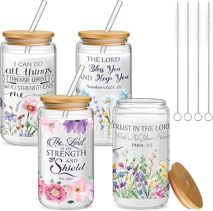 Mumufy 4 Pack Christian Gifts for Women Set Bible Verse 16oz Glass Tumblers with Straw, Inspirational Prayer Affirmation Cups, Religious & Spiritual Gift for Mom Wife Sister or Friends for Christmas