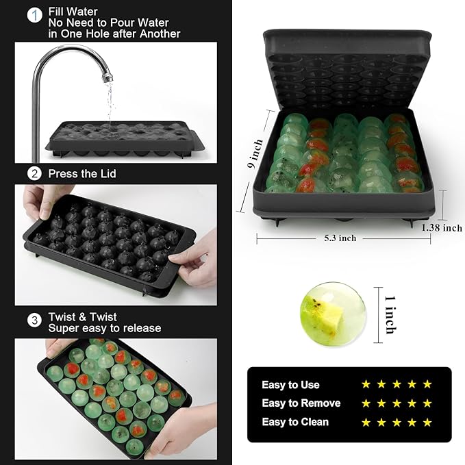 Round Ice Cube Mold,33 PCS x 1 inch Cocktails Ice Cubes,Circle Ice Cube Tray with Lid,Small Ice Ball Maker Mold Sphere Ice Mold,Round Ice Cube Trays for Drinks,Coffee