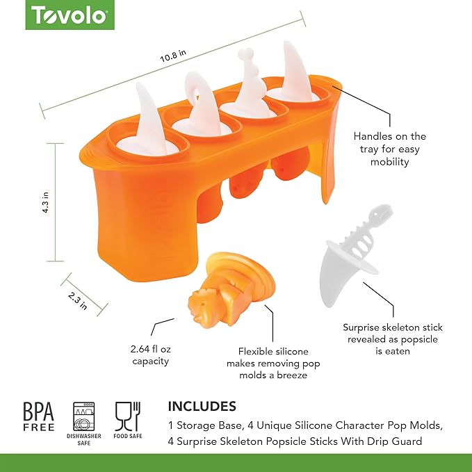 Tovolo Dino Ice Pop Molds Set of 4 Silicone Popsicle Molds with Sticks for Kids, Dishwasher Safe Dinosaur Popsicle Molds for Frozen Treats Snacks, BPA Free Silicone Dino Ice Pop Maker