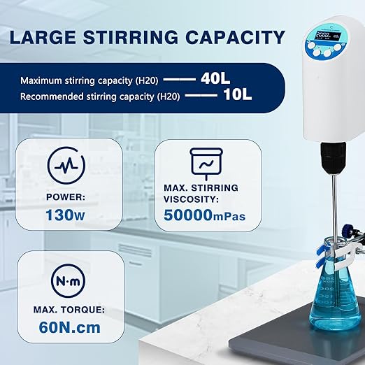 Electric Overhead Stirrer Max.40L, 100-2000rpm, 3 Stainless Steel Stirring Rods, 50000mPa.s, LCD Heavy Duty Powerful Digital Lab Mixer, Time and Speed Adjustable (Stand Included, 100-240V)