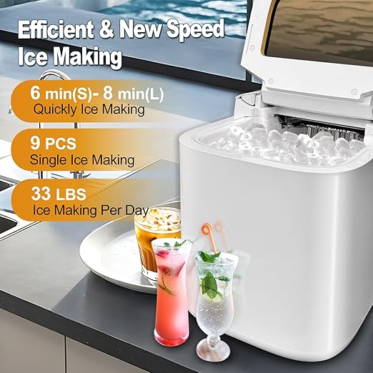 Smart Countertop Ice Makers, Deeper Self-Cleaning in 30-Minute, 33lbs/24H, 6 Mins 9 Bullet Ice, Portable Ice Maker Machine with APP Remote Control & Compact White Design for Kitchen Home Office RV