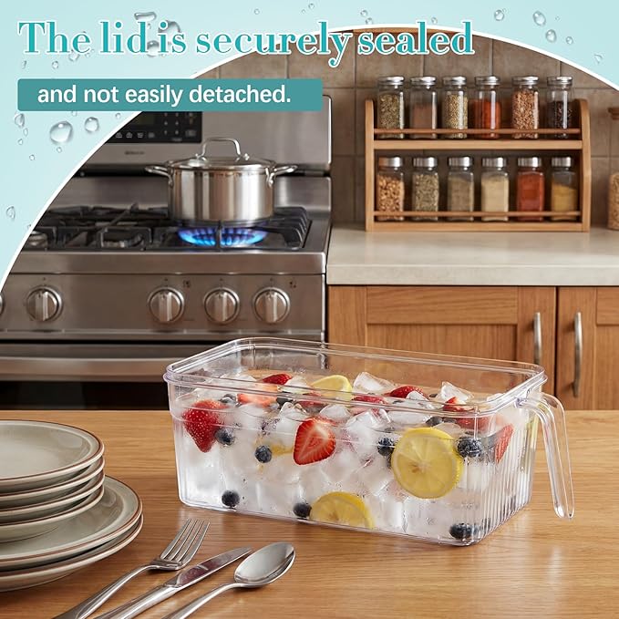 Havawish Ice Storage Bin and Flexible Scoop Set Plastic Freezer Bin with Pull out Handle Storage Bucket Clear for Container with Scoop(White,12.6 x 6.3 x 4.33 in,Stripe)