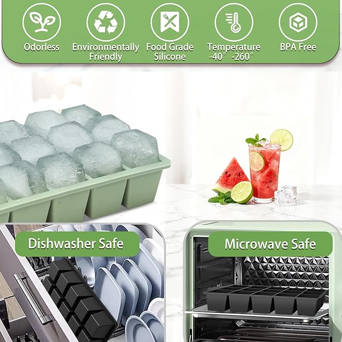 Ice Cube Trays for Freezer, 2 Pack Easy Release Slicone Ice Cube Tray with Lid, BPA Free Stackable Flexible Ice Molds 15 Square Reusable Ice Cubes for Whiskey, Baby Food, Iced Coffee (Green)