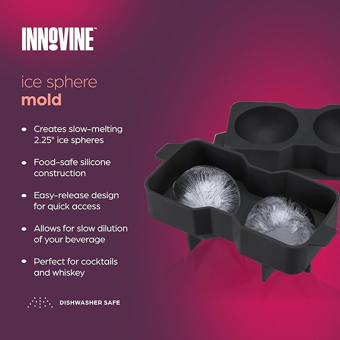 Innovine Ice Sphere Mold for Whiskey & Cocktails - Food-Safe Silicone - Slow-Melting, Limits Dilution - Perfect for Whiskey and Cocktails - Creates 2 2.25” (57mm) Ice Ball Maker, Set of 1