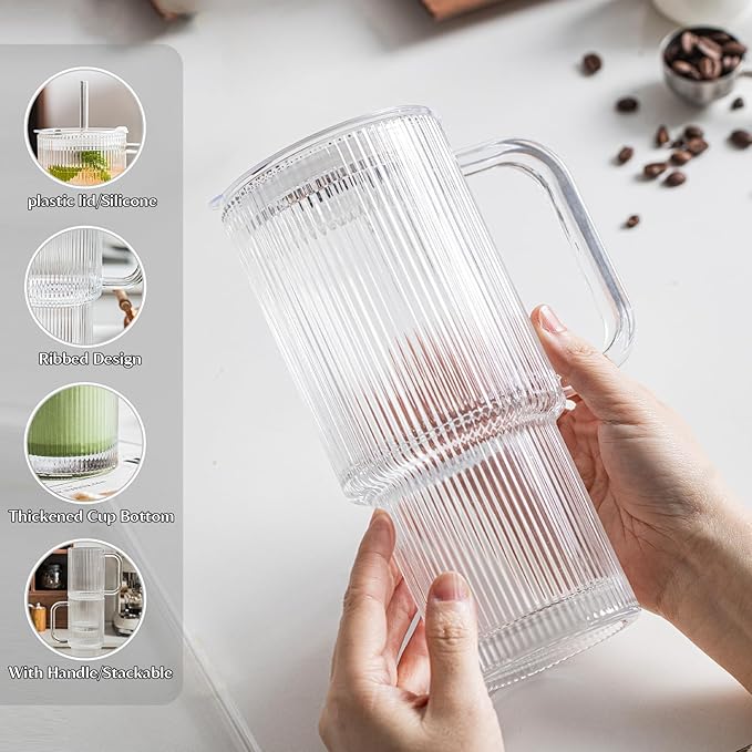INSETLAN 24oz Ribbed Glass Tumbler with Handle & Lid – 4-Pack Large Iced Coffee Cups with Straws, Modern Glass Mug for Cold & Hot Beverages, Aesthetic Travel Cup for Smoothies, Tea, and Juice