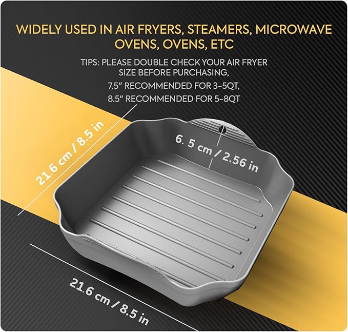 ZIP STANDING Silicone Air Fryer Liners Set OF 4, for 5-8QT Tray Baking Oven, 8.5” Reusable Square with Handles & Holes, Inserts, Accessories