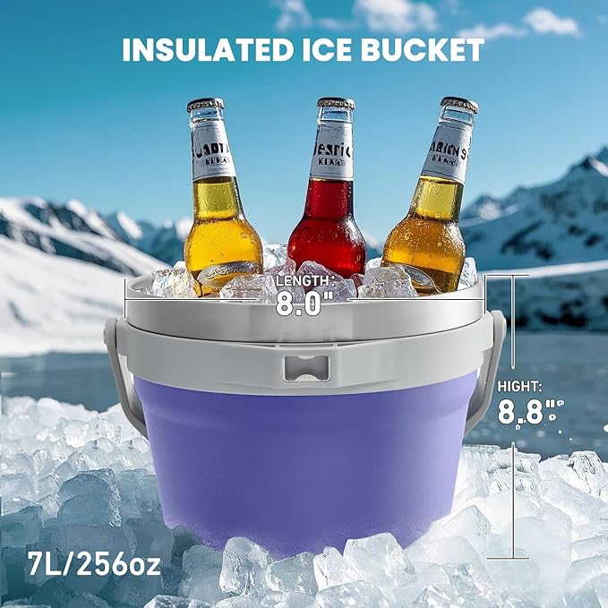 COKTIK 7L Insulated Ice Bucket with Lid，Double Wall Vacuum Stainless Steel Beverage Bucket Keeps Frozen Longer，Holds 6 Longnecks or 3 Bottles of Wine，for Cocktail, Champagne(Deep purple)