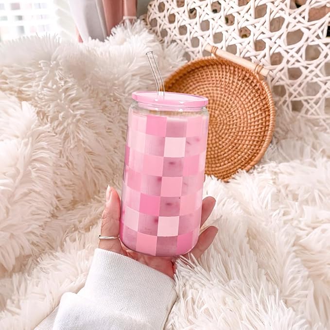 SANDJEST Checker 16 Oz Can Glass Tumbler with Acrylic Lid and Straw - Iced Coffee Cups for Women, Aesthetic Glass Cup Gift for Birthday Christmas