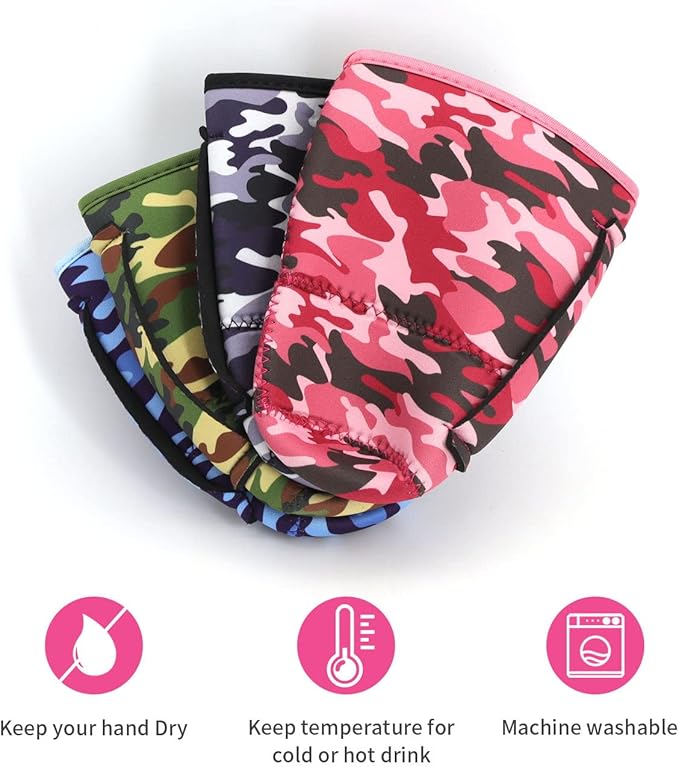 4Pack Reusable Iced Coffee Sleeve Insulator Sleeves for Cold Drinks Beverages, Neoprene Cup Sleeve With Handle for Most Coffee, Fits 30-32oz Large Cups (Camo with Handle)