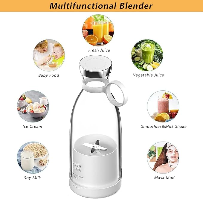 Personal Portable Blender, 350ml USB Rechargeable Smoothie Maker with Stainless Steel Blade, BPA-Free & Easy Clean, Compact Travel Cup for Gym, Office, Home (White).