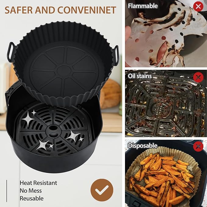 Viretec 2 Pack Air Fryer Silicone Liners for Ninja, Reusable Silicone Bowl Basket Fit for 3 to 5QT Air Fryer, Replacement of Flammable Parchment Paper