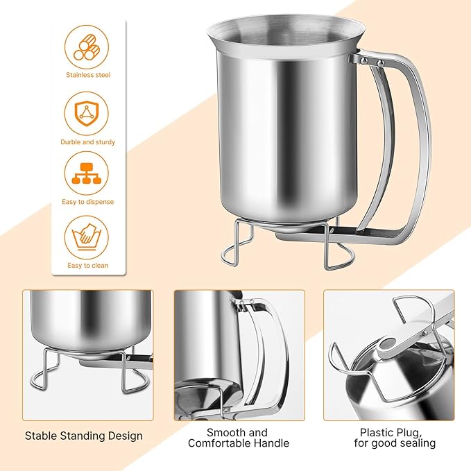 Joyeee 24oz Pancake Batter Dispenser, Stainless Steel Batter Dispenser with Squeeze Handle, Durable, Leak-Free and Easy to Clean, Great for Cupcakes, Waffle
