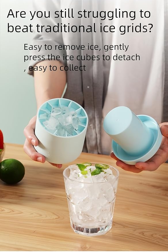 3D Upgraded Silicone Ice Cube Tray with Easy Release-30 Cubes, Leak-Proof&Space-Saving for Freezer,RV,Office-BPA-Free Fast Ice Maker for Drinks,Cocktails, Party (Includes Travel Ice Bucket) (Blue)