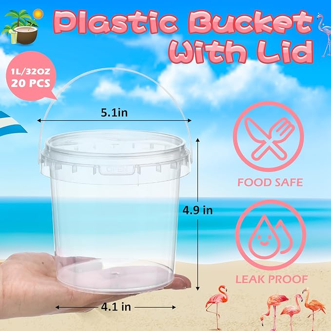 PerKoop 20 Pcs 32 oz Ice Cream Buckets with Lids and Handles Clear Cocktail Rum Buckets with Stickers Plastic Transparent Tub Reusable Food Storage Containers for Parties(Flamingo)