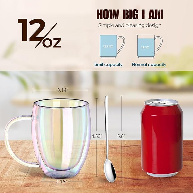 Double Wall Glass Coffee Mugs Set of 2, 12 Oz Coffee Mugs with Handle Clear Iridescent Glass Cups, Perfect for Espresso, Cappuccino, Latte, Americano, Tea Bag, Beverage