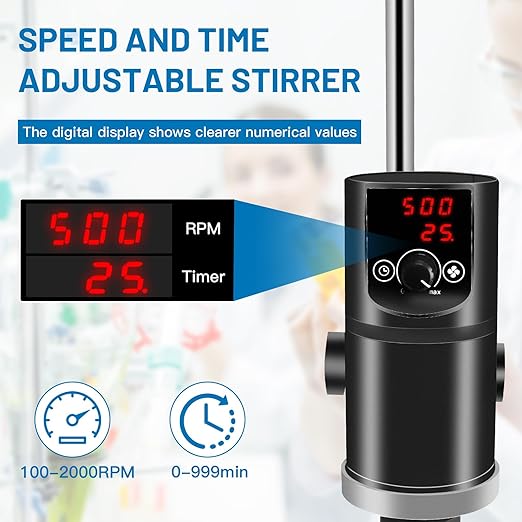 Electric Overhead Stirrer, LCD Digital Overhead Lab Mixer,Time and Speed Adjustable, 100-2000RPM, 0-10000mpas, Mix40L, Two Stirring Rods