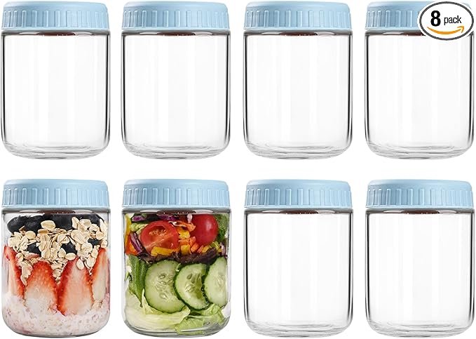 SHOWIN Overnight Oats Containers with Lids, 16oz Glass Jars with Lids 8 pcs, Light Blue, Wide Mouth Mason jars for Salad, Yogurt, Snacks, Meal Prep