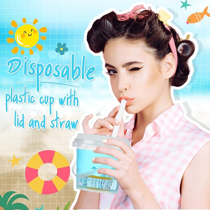 Funnymoom 15 Set 24 oz Clear Drink Buckets with Lids and Straws, Disposable Plastic Rum Cocktail Pails with Handles, Large Smoothie Cups for Adult Bachelorette Party Supplies, Beach & Catering Events