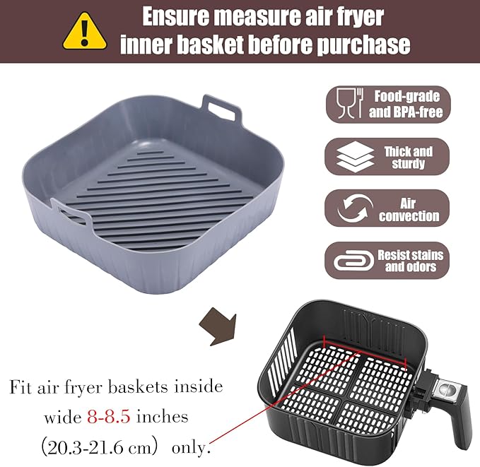 Golden Associate Silicone Liners Square for 8 to 8.5 inch Air Fryer, 4 Pcs Non-stick Food-grade Reusable Basket Baking Tray Airfryer Accessories