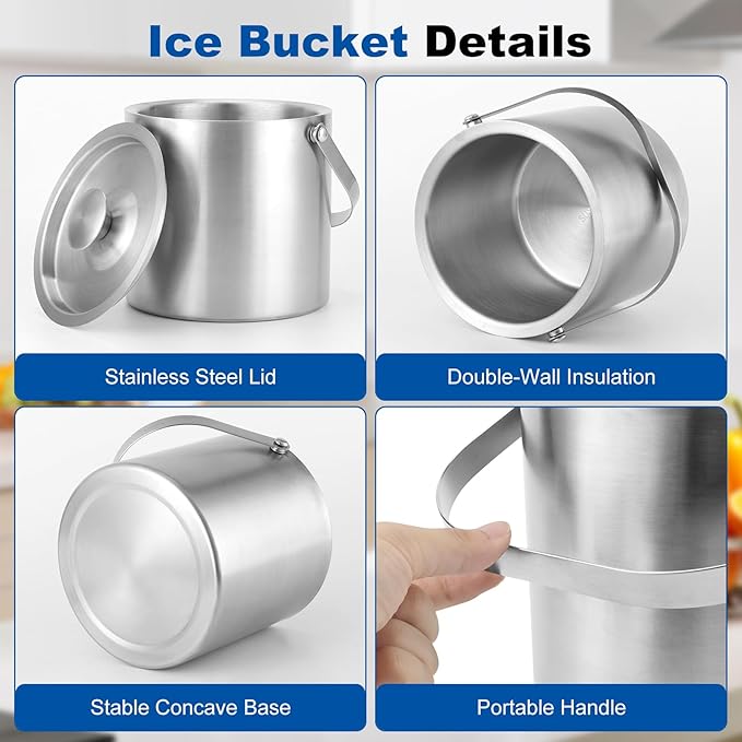 3L Stainless Steel Ice Bucket – Double-Wall Insulated Cooler Keeps Ice Frozen Longer for Wine, Champagne & Beer,Includes Lid, Handle, Tong & Scoop