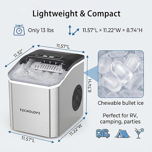 Countertop Ice Maker, 9 Ice Cubes in 10 Minutes, Self-Cleaning Portable Ice Machine with Scoop and Basket, 28lbs/24H, Ultra Quiet Stainless Steel for Home Kitchen Bar Party