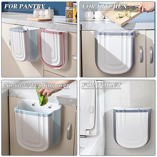 Small Foldable Hanging Kitchen Trash Can, Plastic Waste Bin for Cabinet, Wall Mounted 2.4 Gallon Wastebasket for Bathroom, Bedroom