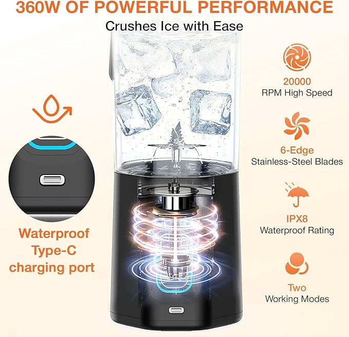GVODE Personal Blender, Portable Blender for-Smoothies, Shakes, Food Prep, and Frozen Blending, 24oz Large Capacity, BPA Free, Leakproof-Lid and Sip Spout, USB-C Rechargeable, IPX8 Waterproof