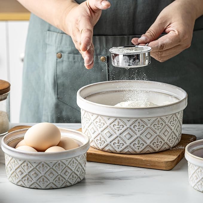 Airtight Food Storage Containers with Lids Mixing Bowls Set, Ceramic Serving Bowls with Lids Set of 4, 12/16/28/40 oz Stackable Nesting Salad Bowls for Cooking, Baking, Ramen - Beige