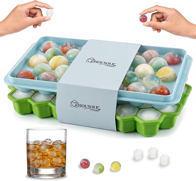 2 Pack Ice Cube Trays set for Freezer(Sphere & Honeycomb) – Round Ice Cube Mold with Lid & Hexagonal Silicone Ice Cube Tray, BPA-Free Easy Release Ice Molds for Whiskey/Cocktails/Coffee/Drinks