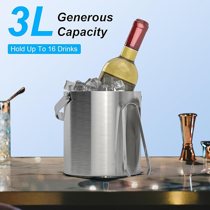 Ice Bucket with Lid, Scoop, Tongs and Strainer - Well Made Insulated Stainless Steel Keep Ice Frozen Longer - Ideal for Cocktail Bar, Parties, Chilling Wine, Champagne - 3 Liter (Stainless Steel)