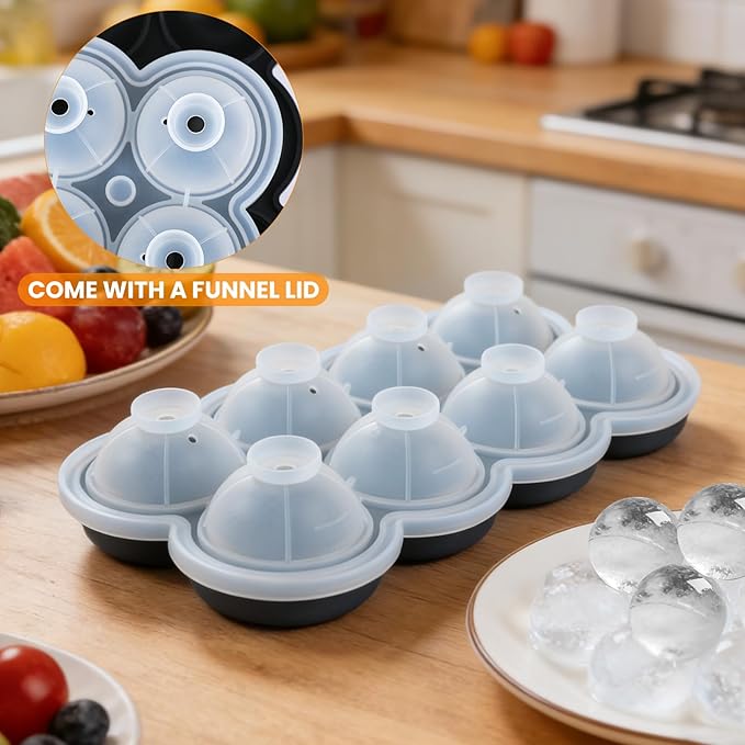 Ice Ball Maker Mold, 8 Hole Large Round Ice Cube Tray with Built-In Easy-Fill Funnel & Water Level Line, Silicone 1.7" Sphere Ice Mold for Whiskey, Cocktails, Bourbon