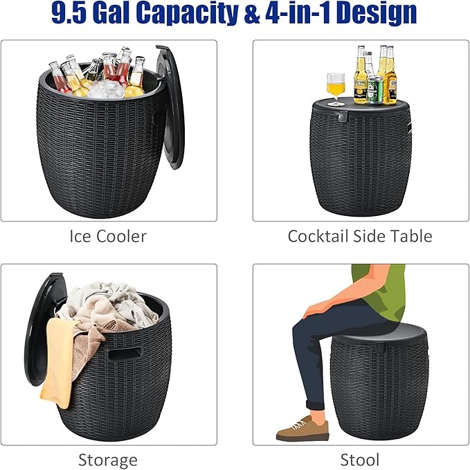 Giantex 9.5 Gallon Ice Cooler, Wicker Round Ice Chest, Outdoor Beer Wine Ice Bucket, Top Lid Side Handles Drainage Plug, Weather-resistant Patio Cool Bar Table for Cocktail Party Poolside Deck