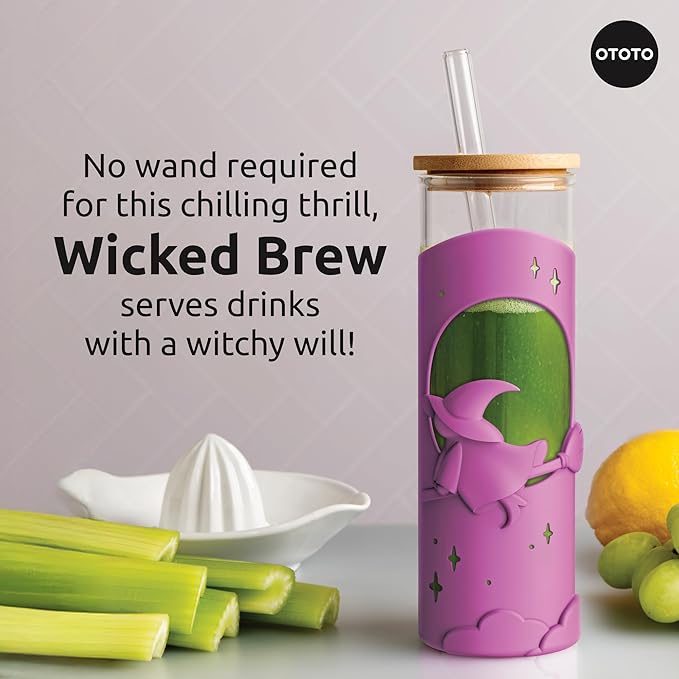 OTOTO Wicked Brew Glass Cups with Lids and Straws - Halloween, Goth Gifts, Spooky Gifts, Goth Accessories, Kitchen Gadgets, Iced Coffee Cups Tumbler with Bamboo Lids, Boba Cup, 16.9oz