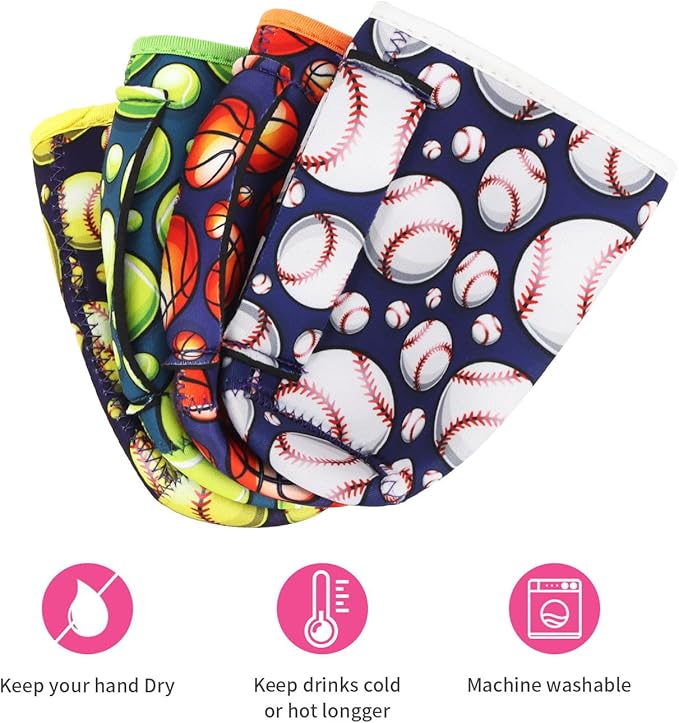 4Pack Reusable Iced Coffee Sleeve Insulator Sleeves for Cold Drinks Beverages, Neoprene Cup Holder for Most Coffee, Fits 22-24oz Medium Cups (Play Ball with Handle)