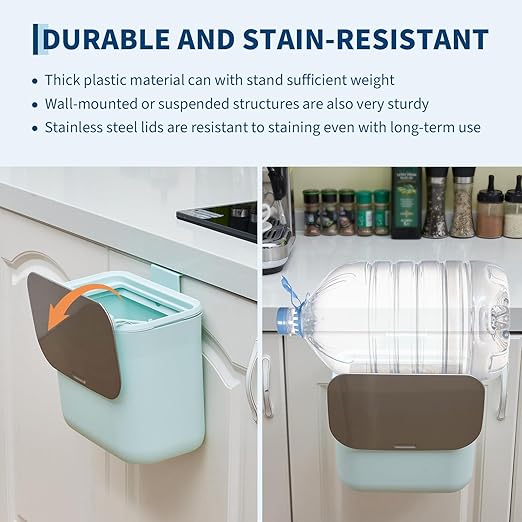 1.8 Gallon/7L Hanging Trash Can, with Stainless Steel Lid, Under Sink Compost Bin for Kitchen Cabinet Door, Garbage Can with Hanging Hook,Food Waste Bin for Kitchen, Bedroom, RV, Bathroom, Green