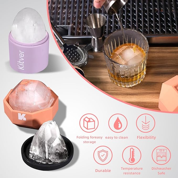 Whiskey Ice Cube Tray Set 3-Pack - Create Iceberg, Atomic Sphere & Large Round Clear Ice Cubes for Cocktails, Slow-Melting & Reusable, BPA-Free Silicone Trays with Leakproof Lids