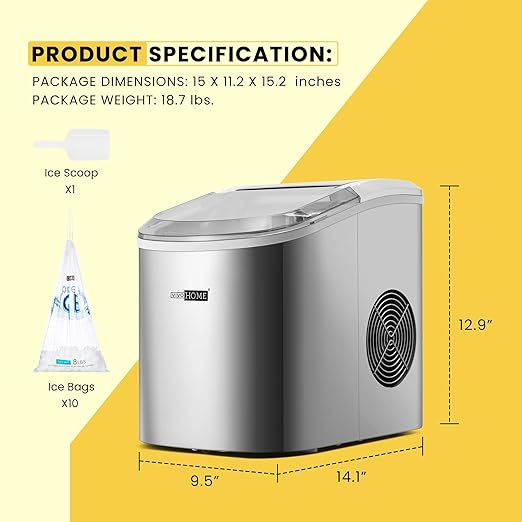 VIVOHOME Electric Portable Compact Countertop Automatic Ice Cube Maker Machine with Hand Scoop 10 Ice Bags and Self Cleaning Function 27lbs/Day Silver