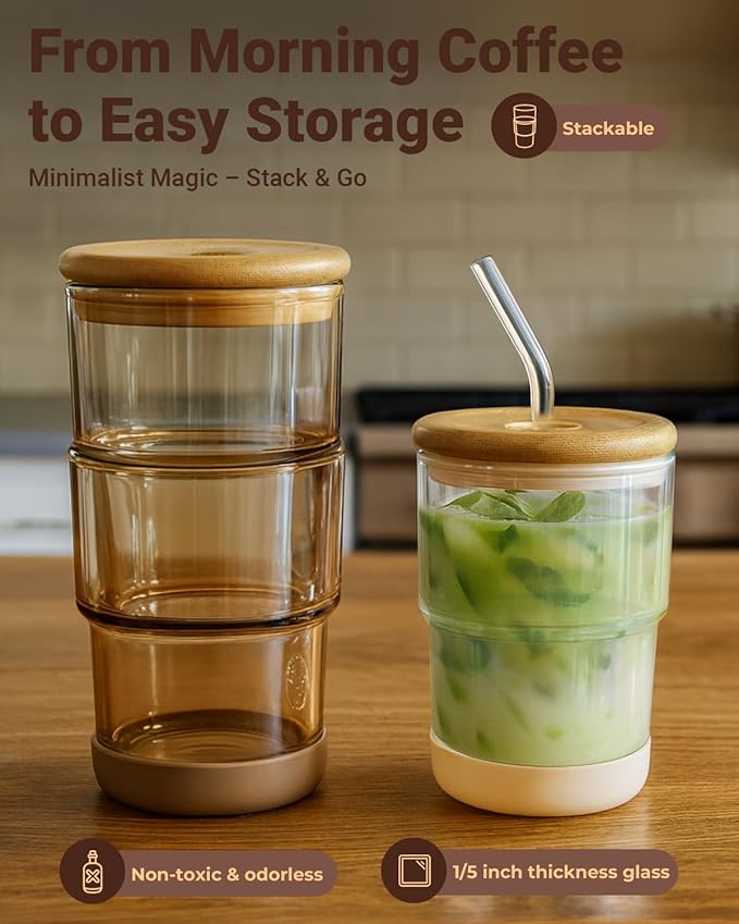 Zukro 13 oz/400ml Glass Cups with Bamboo Lid and Straw, Thick Wall Reusable Glass Tumbler for Iced Coffee, Tea, Matcha, Water Glasses for Home, Office, Non-Slip & BPA Free, Amber 2 Pack