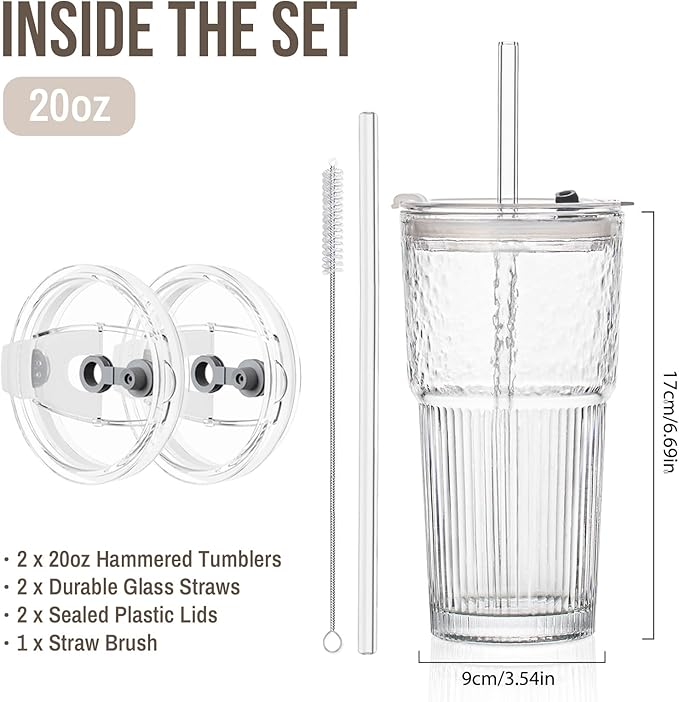 SoulTimes 20oz Glass Tumblers with Lids and Straws, Set of 2 - Stylish Ribbed Design Drinking Glasses for Iced Coffee Cups, Juice, Smoothies, Cold Beverages, Includes Cleaning Brush, Durable Glassware