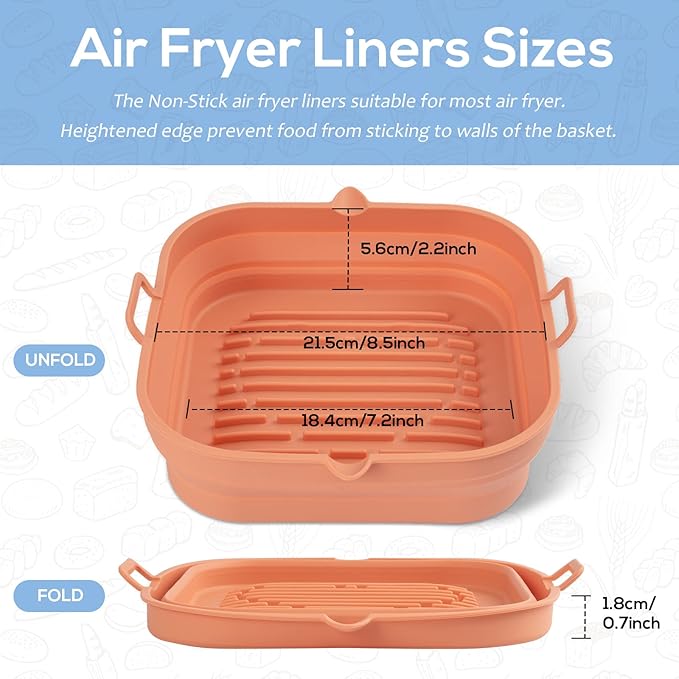 Silicone Air Fryer Liners Square - Reusable Airfryer Collapsible Basket - Easy to Clean Air Fryers Pot for 5.8 to 8 Qt Baking Tray Oven Accessories, 8.5 Inch Large