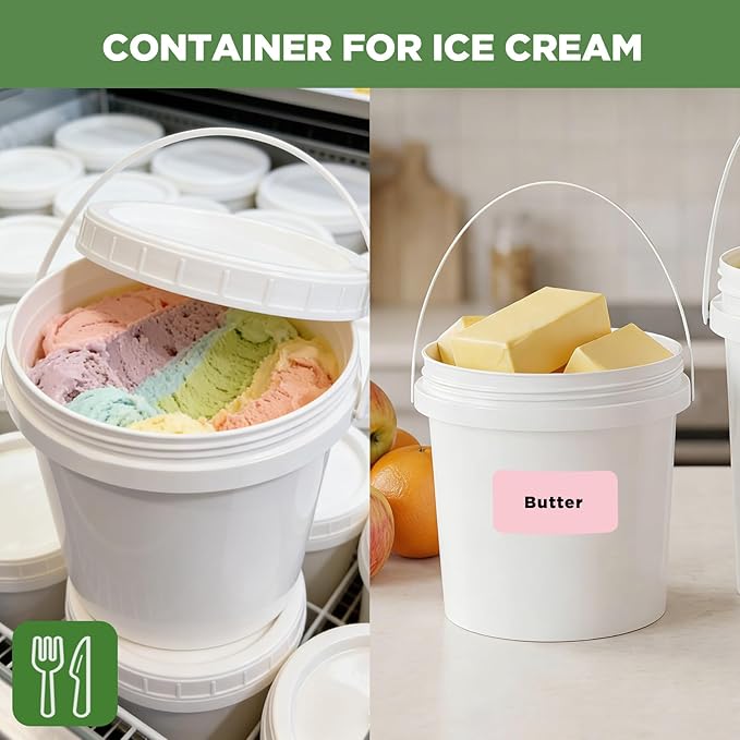 4 Pack 64oz Plastic Buckets with Screw Lids & Handle, Food Grade Storage Containers for Kitchen, Freezer - Reusable White Plastic Bucket Set