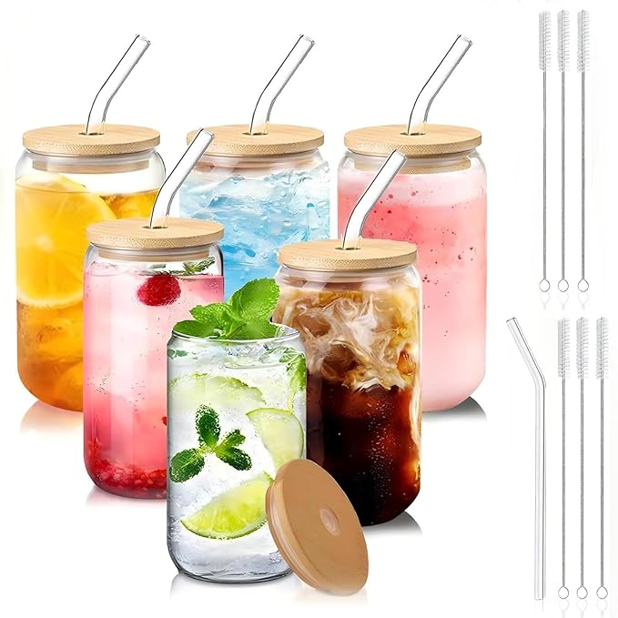 Glass Cups with Lids and Straws Set of 6 – 16oz Holiday Glass Tumblers for Iced Coffee, Juice, or Cocktails – Reusable Family Drinkware Set for Christmas, Thanksgiving, or Gatherings
