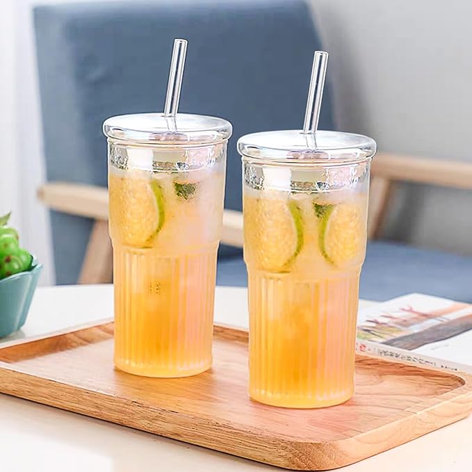 JunVpic Glass Cups with Lids and Straws, 20 OZ Multi Iced Coffee Glasses Tumblers for Ice Water, Juice, Tea, Milk, Smoothie and Cold or Hot Drinks, Set of 2